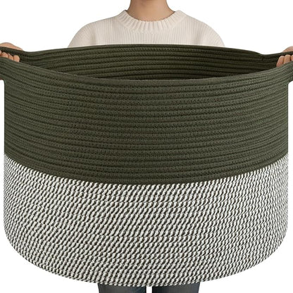 OIAHOMY 90L XXXLarge Blanket Basket for Living Room, 21.7" x 13.8" Woven Cotton Rope Laundry Basket for Organizing Pillows, Decorative Stuffed Animal Toy Storage Bin for Nursery, Green and Grey