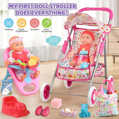 Baby Doll Stroller Set Toys for Girls Toddlers 3-5 4-6 Gifts,Baby Doll Set with 12.5 inch Doll,1 Baby Dining Chair,20 PCS Baby Doll Accessories and 2 Sets Doll Clothes for Realistic Pretend Play