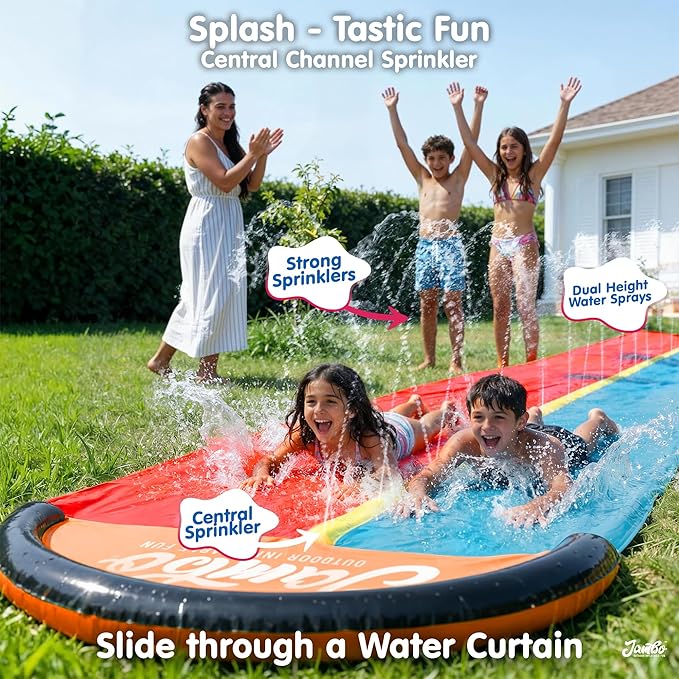JAMBO Premium 18Ft Budget Slip Splash and Slide, Heavy Duty Water Slide with Advanced Sprinkler System, Backyard Waterslide, Splash Mat, Outdoor Water Toys n Slides for Kids