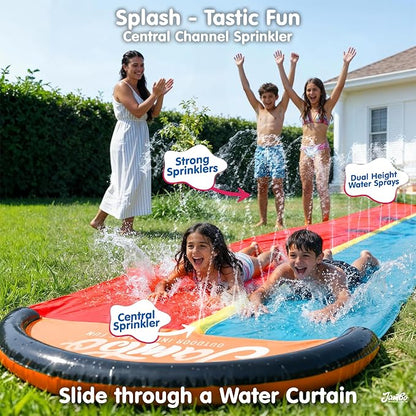 JAMBO Premium 18Ft Budget Slip Splash and Slide, Heavy Duty Water Slide with Advanced Sprinkler System, Backyard Waterslide, Splash Mat, Outdoor Water Toys n Slides for Kids