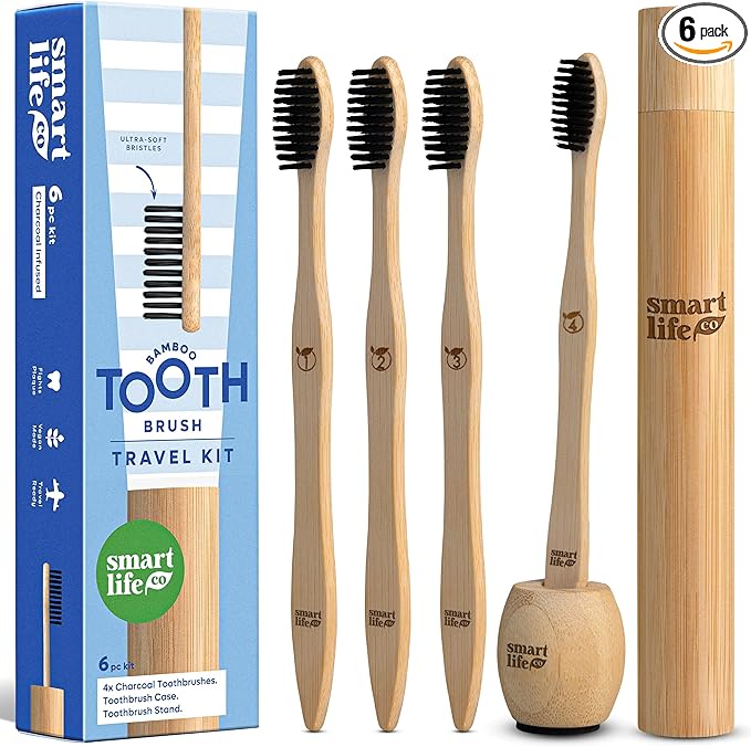 Bamboo Charcoal Toothbrushes (4 Pack) with Travel Case & Stand - Extra Soft Bristles for Adults & Kids Teeth | Zero Waste Travel Toothbrush Kit | Natural Eco-Friendly Wooden Brush Holder Cover