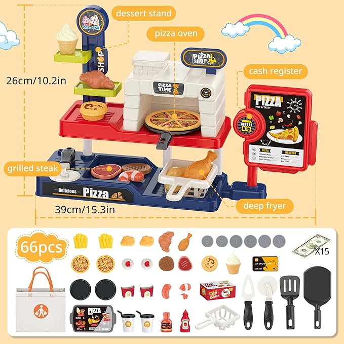 deAO Pretend Play Store Pizza Play Set for Kids, Realistic Pizza Pie Pretend Play Food,Slice and Serve Plastic Kitchen Cooking and Cutting Playset (Red)