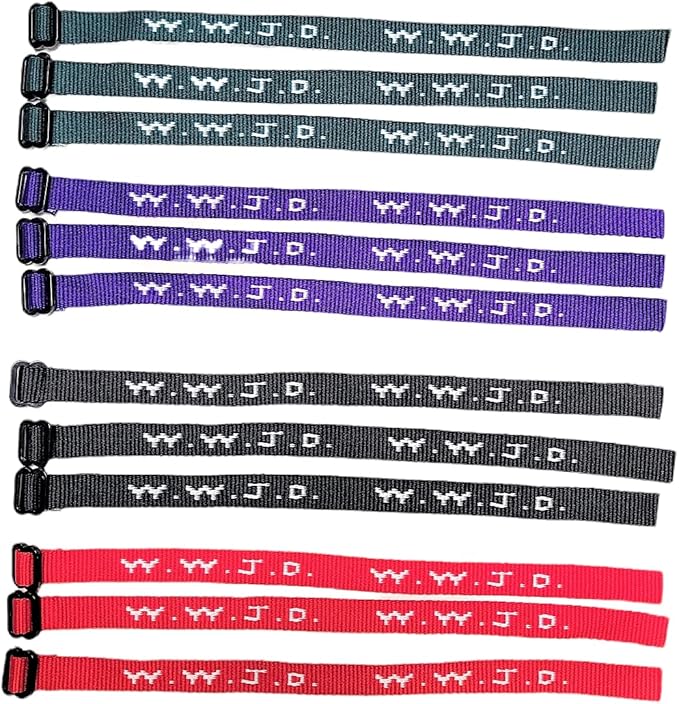 AMERICAN WIT Colorful W.W.J.D. Webbing Bracelets (12 Pack) (“What would Jesus do?”) Colors: black, army green, purple, bright red Religious Christian Wristband,