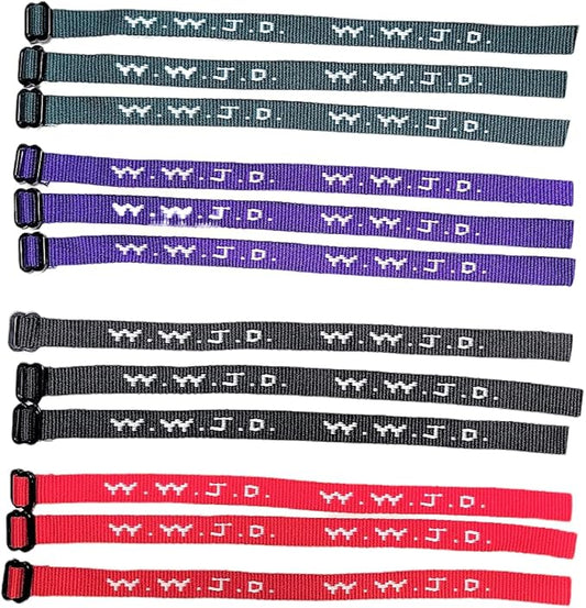 AMERICAN WIT Colorful W.W.J.D. Webbing Bracelets (12 Pack) (“What would Jesus do?”) Colors: black, army green, purple, bright red Religious Christian Wristband,