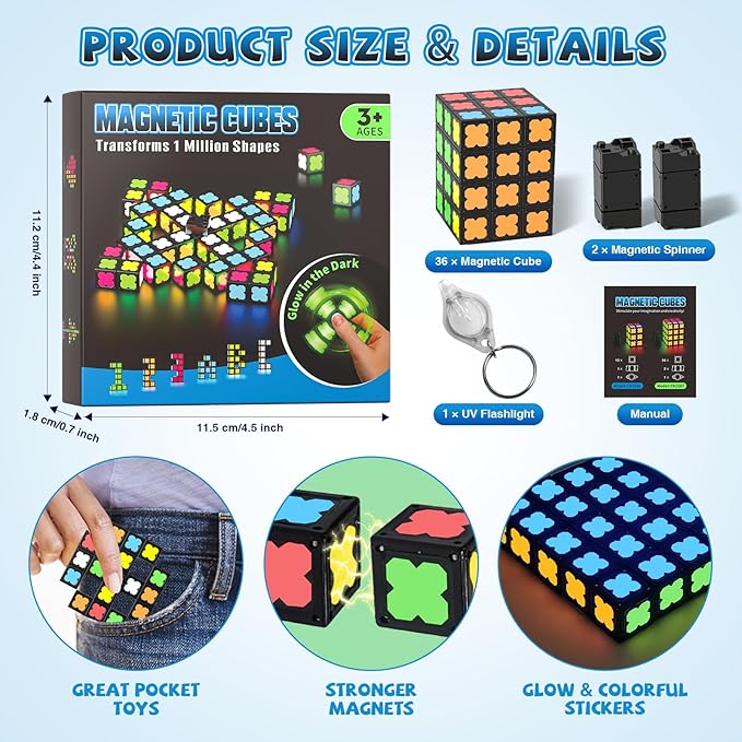 Magnetic Fidget Spinner Mini-38 Blocks, Glow Magnet Cube & Transformable Fidget Spinner & Infinity Cube & 3x3x3 Cube-4 in 1 Toy, STEM Building Tiles Stress Relief Sensory Gift for Kid Boy Girl Adult