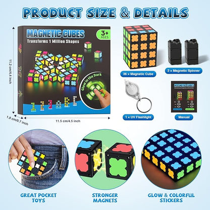 Magnetic Fidget Spinner Mini-38 Blocks, Glow Magnet Cube & Transformable Fidget Spinner & Infinity Cube & 3x3x3 Cube-4 in 1 Toy, STEM Building Tiles Stress Relief Sensory Gift for Kid Boy Girl Adult
