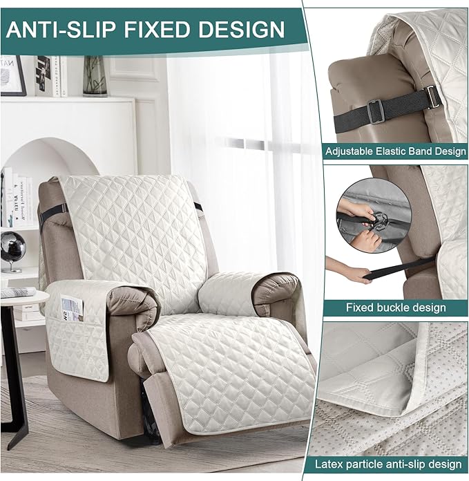 Ruaozz 100% Waterproof Recliner Chair Cover Non-Slip Oversized Reclining Cover for Large Recliner Chair Washable Chair Seat Cover with Elastic Straps for Kids, Dogs, Pets (Beige, 28'')