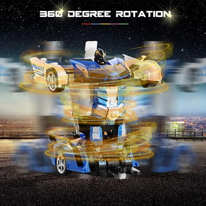 FIGROL Remote Control Car｜Transformable Robot RC Car｜2.4Ghz 1:18 Scale Model Police Car with One Button Deformation｜360 Degree Rotation Drifting for Children