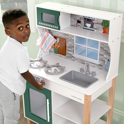 Delta Children Tiny Chef Play Kitchen - Toy Kitchen Playset with Realistic Knobs That Turn/Click, Oven, Sink, Microwave and 15 Pieces of Play Food, Green