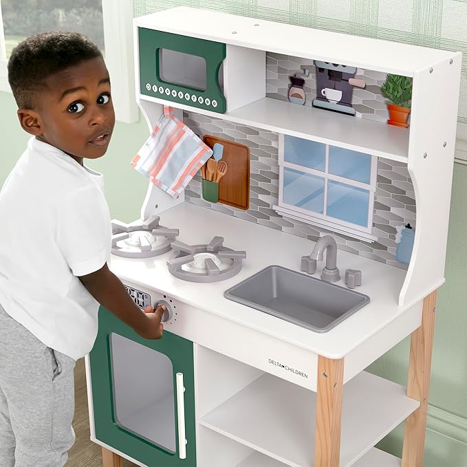 Delta Children Tiny Chef Play Kitchen - Toy Kitchen Playset with Realistic Knobs That Turn/Click, Oven, Sink, Microwave and 15 Pieces of Play Food, Green