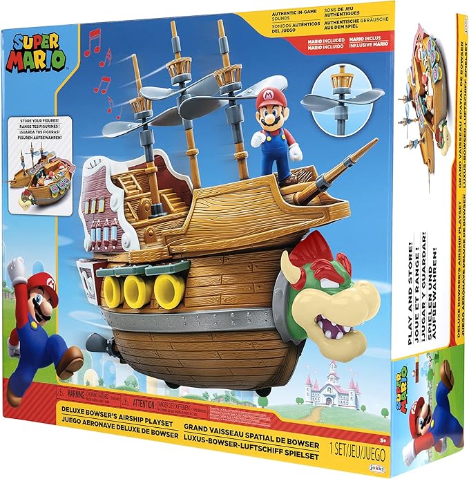 Super Mario Deluxe Bowser's Air Ship Playset with Mario Action Figure – Authentic in-Game Sounds & Spinning Propellers