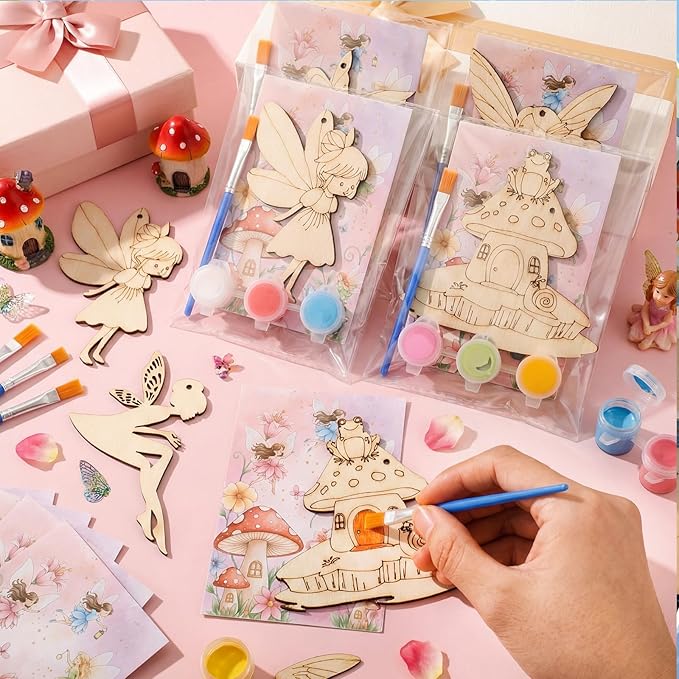 Saypacck 24 Pcs Fairy Party Favors Wooden Painting Craft Kits Birthday Party Supplies with Organza Bag for Goodie Bags Fillers Adult Thank You Gifts