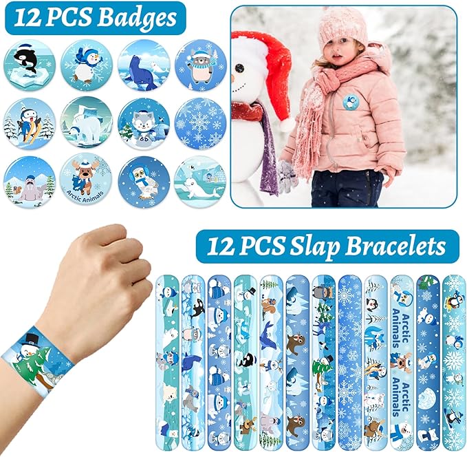 98 PCS Winter Arctic Animals Party Favors, Winter Arctic Polar Animals Stickers Temporary Tattoos Slap Bracelets Keychains Badges Arctic Animals Birthday Party Decorations Supplies for Kids