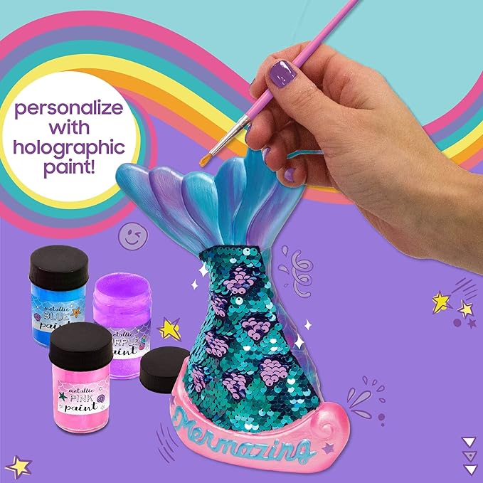 Just My Style Paint Your Own Mermaid Bank by Horizon Group USA. Paint & Decorate Your Own Coin Bank with Color Changing Sequin Decal & Metallic Holographic Paints, Blue