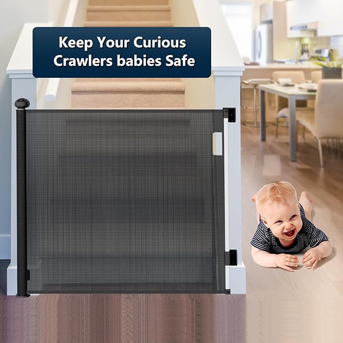 Bulubaky Extra Tall Safety Retractable Baby Gate Adjustable Wide Retractable Dog Gate Mesh Baby Gate Child Gate for Doorway, Hallway, Stair Gates for Kids or Pets (Black, 33" Tall x 110")