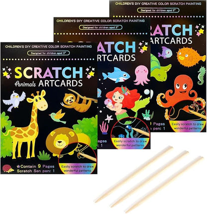 3Set Scratch Paper Art for Kids, Colorful Magic Drawing Book for Children Girls, Rainbow Scratch Off Craft Painting Book with 3 Scratch Pen for Birthday Party Games, DIY Projects Kits Craft Gifts