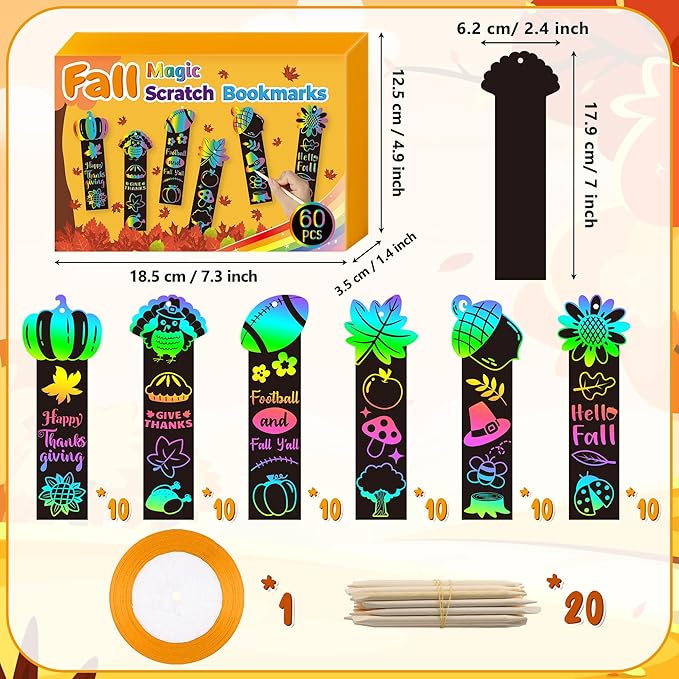 BeYumi 60Pcs Fall Harvest Scratch Bookmarks for Kids DIY Hello Fall Autumn Leaves Pumpkin Turkey Magic Art Rainbow Color Paper Craft Kit School Classroom Activity Art Project Thanksgiving Party Favors