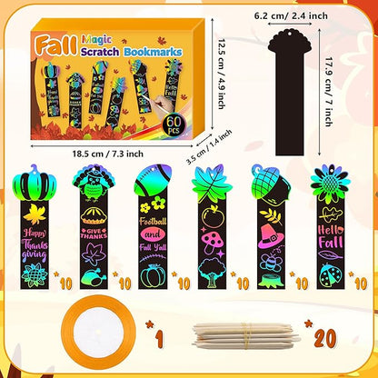 BeYumi 60Pcs Fall Harvest Scratch Bookmarks for Kids DIY Hello Fall Autumn Leaves Pumpkin Turkey Magic Art Rainbow Color Paper Craft Kit School Classroom Activity Art Project Thanksgiving Party Favors