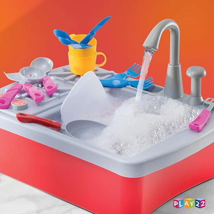 Play22 17 Pc Kids Play Sink with Running Water - Kitchen Sink Toy - Toddler Sink Toy with Real Faucet & Drain, Dishes, Utensils - Play Cooking Stove W/Pan - Kitchen Toys for Toddlers & Kids