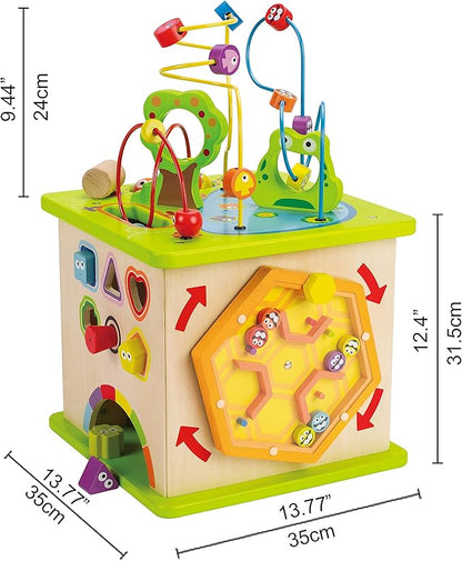 Hape Country Critters Play Cube| Wooden Learning Puzzle Toy for Toddlers, 5-Sided Activity Centre with Animal Friends, Shapes, Mazes, Wooden Balls, Shape Sorter Blocks and More