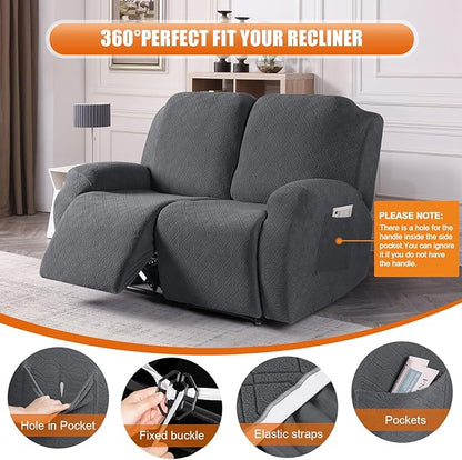 VANSOFY Oversized Recliner Cover, 2-Pieces Stretch Reclining Couch Cover with Pockets Loveseat Sofa Slipcovers Soft Washable Furniture Protector for Dogs Cats(Charcoal Gray)