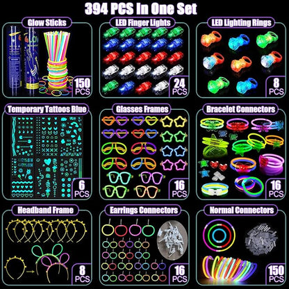 394 Pcs Glow in the Dark Party Supplies for 16 Kids Adults, Light Up Party Favors,150 Glow Sticks Bulk Party Pack (for Glow Glasses,Earring,Bunny Ear Headband,Bracelets, Necklaces), Glow Party Favors