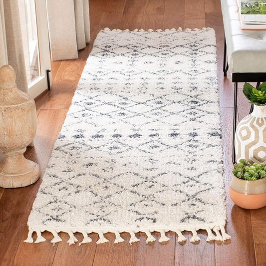 SAFAVIEH Berber Fringe Shag Collection 2'2" x 16' Cream / Dark Grey BFG516A Moroccan Non-Shedding Living Room Bedroom Dining Room Entryway Plush 1.2-inch Thick Runner Rug