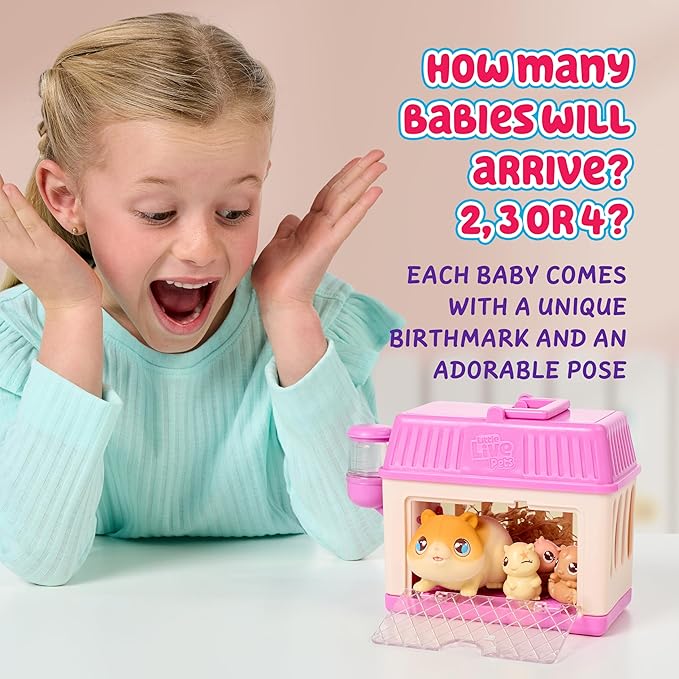 Little Live Pets Hamster Mini Interactive Toy Set, Hutch Animal Playset with 3 Surprise Babies, 20+ Sounds, Hamster Must-Haves for Ages 3+