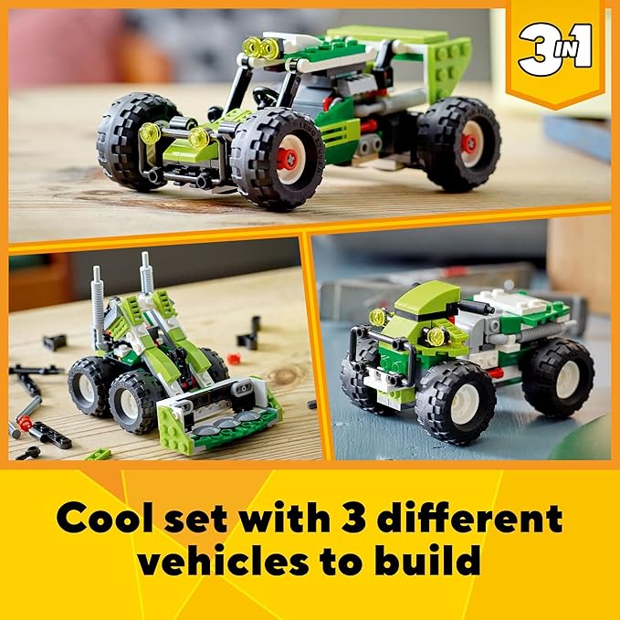 LEGO Creator 3 in 1 Off-Road Buggy, Transforms to 3 Different Construction Vehicles from Skid Loader Digger to ATV Car Toy to Off-Roader, Construction Set for Kids 7 Plus Years Old, 31123