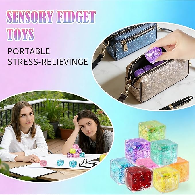 24 Pack Slow Rising Ice Cube Squishy Stress Balls，Stress Cube for Adults Kids , Sensory Fidget Toy for Anxiety Relief, Square Squeeze Toy for Classroom Prizes, Mini Nice Cube Squishy for Party Favors
