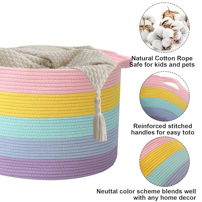 65L Extra Large Woven Cotton Rope Blanket Basket with Handles, Laundry Hamper Storage Bin for Pillows, Comforters,Clothes, Toys, Nursery, Bedroom and Living Room Organization,Colorful