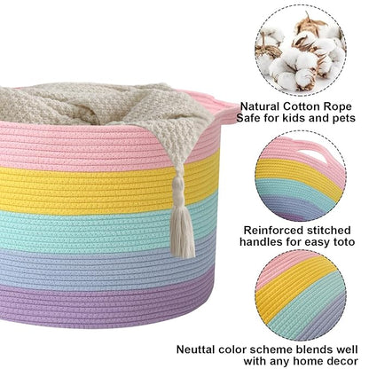 65L Extra Large Woven Cotton Rope Blanket Basket with Handles, Laundry Hamper Storage Bin for Pillows, Comforters,Clothes, Toys, Nursery, Bedroom and Living Room Organization,Colorful