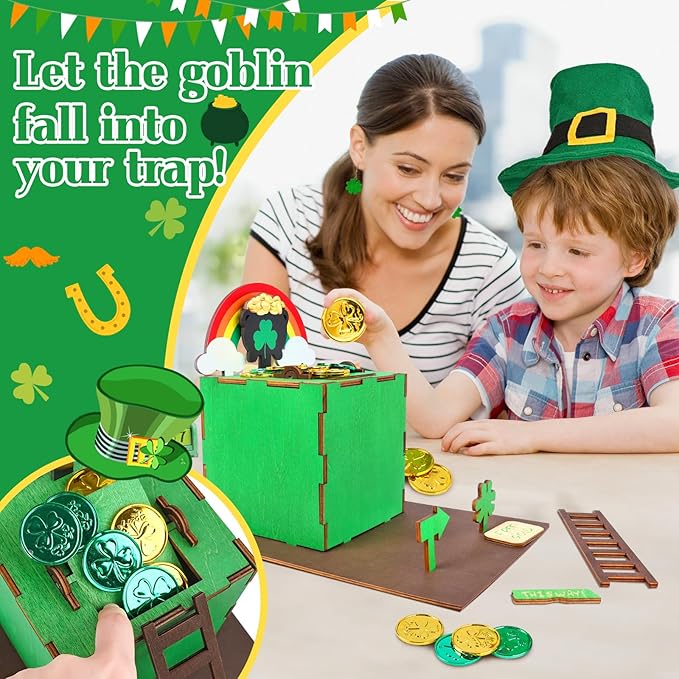 RGJ St Patrick's Day Leprechaun Trap Kit for Kids, Wooden DIY Leprechaun Trap Craft Kit to Catch A Leprechaun, St Patrick's Day Decorations for Kids Party Supplies (Finished Painted)