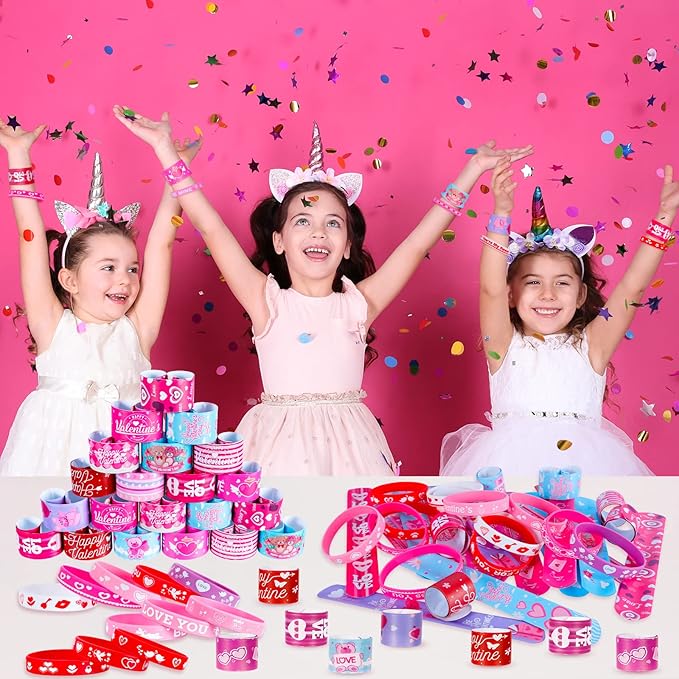 48 Pcs Valentines Slap Bracelets Rubber Bracelets Valentines Party Favors Gifts for Kids School Classroom Goodie Bag Stuffers
