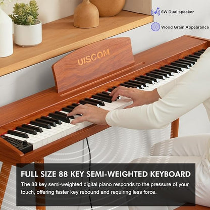 UISCOM Digital Piano Keyboard 88 Key Semi-Weighted for Beginners,Full Size Electric Piano with Stand,Triple Pedal,Adapter,Sheet Music Stand,Headphone,USB-MIDI Compatible,Wood Brown