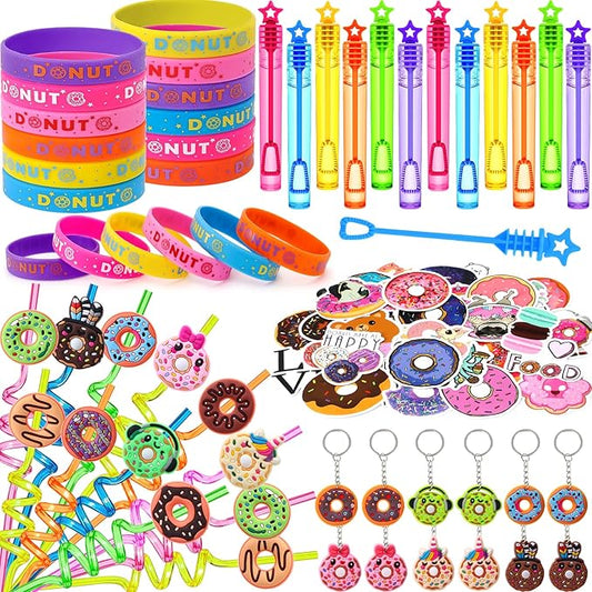 98 Donut Party Favors Two Sweet Birthday Party Supplies for Girls Kids Straw Bubble Silicone Bracelet Keychain Sticker Donut Themed Toy Gift Goodie Bag Stuffer Candyland Party Favors