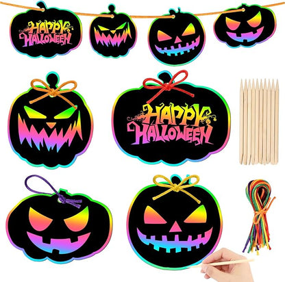 JULMELON 36 Pieces Halloween Scratch Paper Crafts Kit Bulk of Halloween Pumpkins Magic Rainbow Scratch Art for Kids DIY Party Ornaments Halloween Decor with 12 Wooden Sticks and 36 Colorful Ribbons