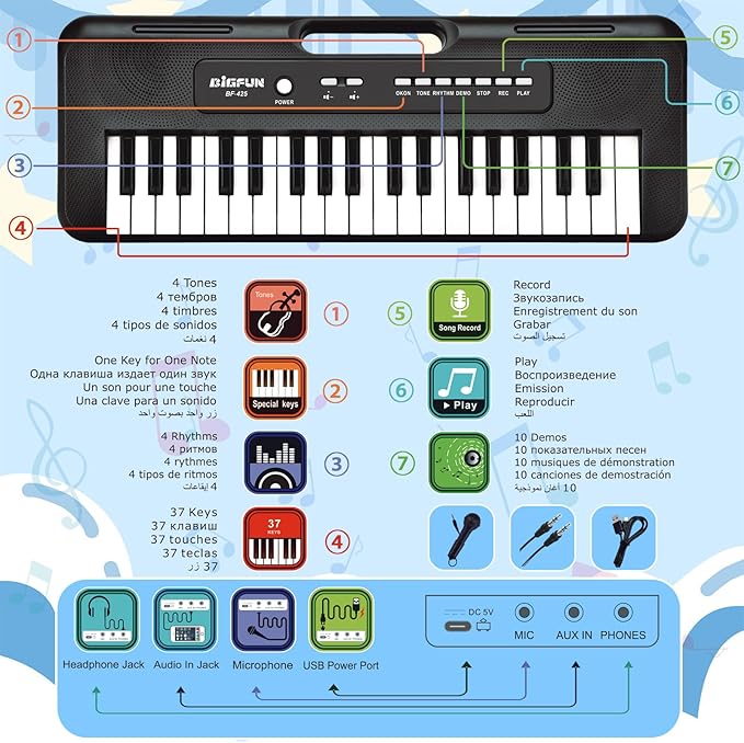 37 Keys Piano for Kids Age 3-6, Kids Piano Keyboard with Microphone Portable Beginners Musical Piano Learning Educational Christmas Birthday Gift Toys for 3 4 5 6 Years Old Girls Boys (Black)