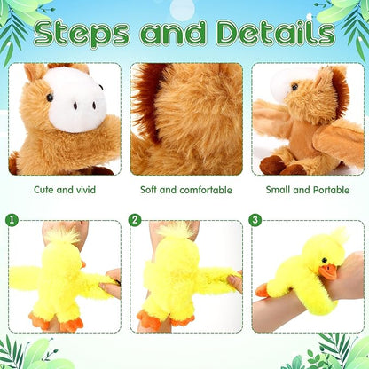 6 Pack Stuffed Animal Slap Bracelets Plush Animal Snap Bracelets Cute Wrist Slap Band Toy Wrist Animals Wrist Pets Slap Bracelet Wrist Toy for Kids Boys Girls Birthday Gifts Party Favors