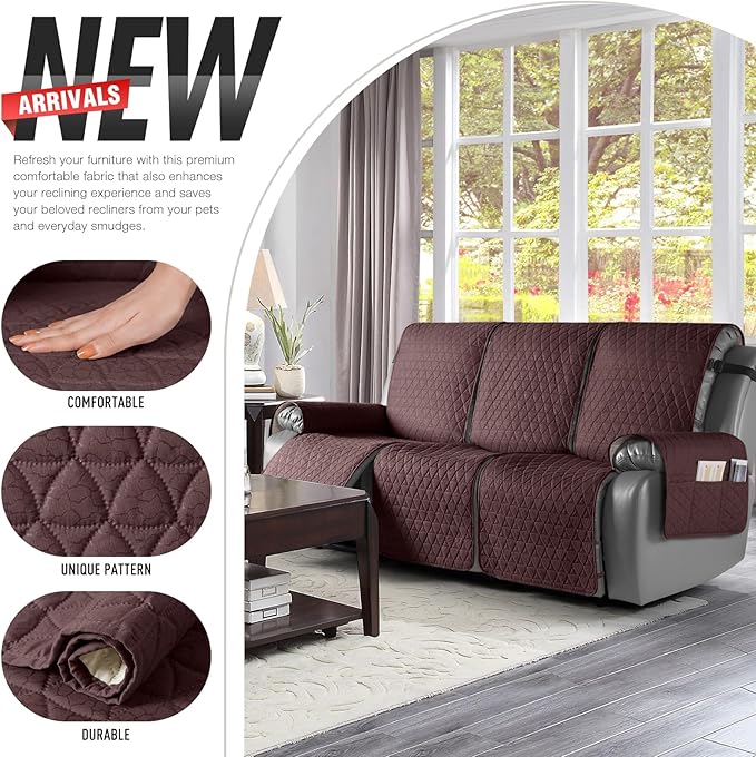 TAOCOCO 100% Waterproof Recliner Sofa Cover-Non Slip Split Couch Covers for Reclining Couches with Elastic Straps,Couch Covers for 3 Cushion Couch Sofa Pet Friendly(Coffee, 3 Seater)