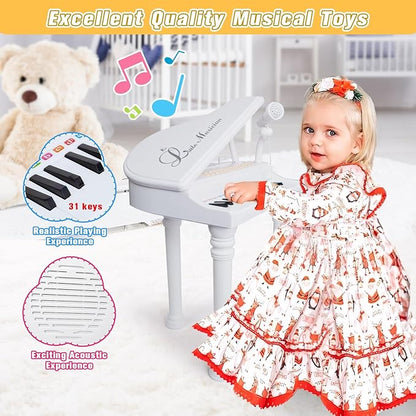 Love&Mini Piano Toy Keyboard 31 Keys for Age 3+ Year Old Girls Boys Birthday Gifts, Kids Keyboard Toy Instruments Piano with Microphone and Stool