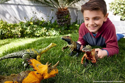 Mattel Jurassic World Wild Roar Dinosaur Toy with Sound & Attack Move, Nigersaurus Posable Action Figure Includes Digital Play, 11 inches Long