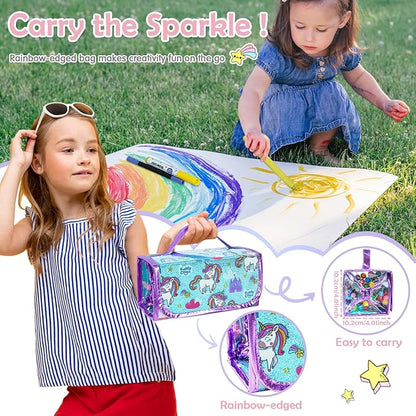 KIDDYCOLOR Unicorn Washable Markers Set 69 pcs with Glitter Pencil Case - Arts and Crafts Coloring Kit for Kids Ages 4-8, Includes Unicorn Stickers - Perfect Gifts for Girls