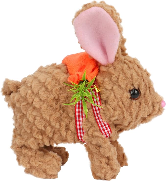Hopearl Hopping Rabbit with LED Ears Carrot Backpack Interactive Plush Bunny Toy with Sounds Animated Walking Wiggle Light up Ears Twitch Nose Gift for Toddlers, Brown, 7''
