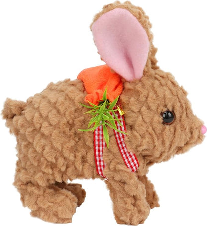 Hopearl Hopping Rabbit with LED Ears Carrot Backpack Interactive Plush Bunny Toy with Sounds Animated Walking Wiggle Light up Ears Twitch Nose Gift for Toddlers, Brown, 7''