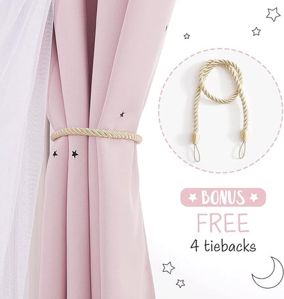 NICETOWN Short Curtains for Nursery Bedroom, Double Layer 63 inches Long Moon Star Cutout Girls Ombre Curtains with Sheer Overly for Living Room Nursery, 2 Panels, 42" Wide, Pink