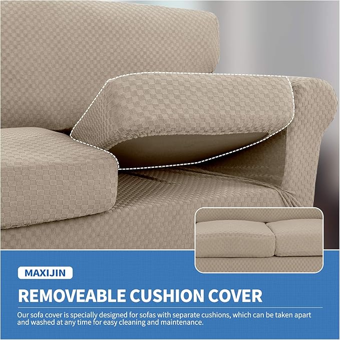 MAXIJIN 3 Piece Stretch Couch Covers for 2 Cushion Couch Sofa Slipcovers with 2 Extra Large Seat Cushion Couch Jacquard Loveseat Sofa Couch Cover for Dogs (2 Cushion Sofa, Khaki)