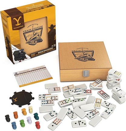 Spin Master Games, Yellowstone Mexican Train Dominoes Set, Classic Tile Board Game in Wood Case for Family Game Night, Modern Dominoes, for Adults and Kids, 2-8 Players Ages 8 & Up