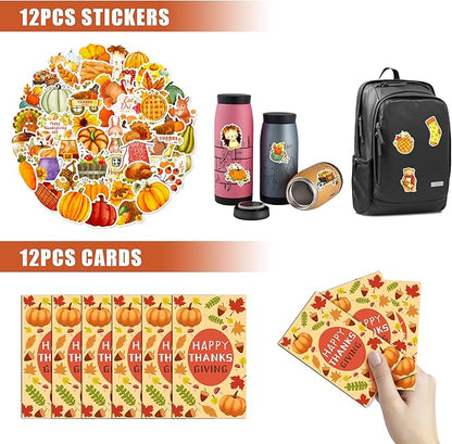 110 PCS Thanksgiving Party Favors Autumn Party Supplies with Key Chains Button Pins Stickers Rubber Bracelets for Fall Party Favors Decorations Classroom Prizes