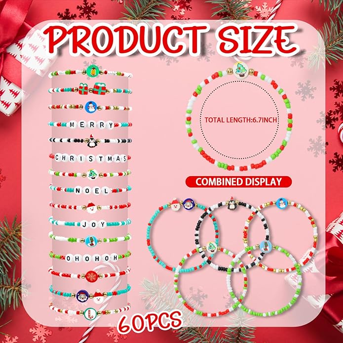 60 pcs Colorful Kids Friendship Bracelet Sets, Stackable Elastic Cute Beaded Bracelets Princess Pretend Play Bracelet Preppy Bracelets Bulk Set for Women Gift